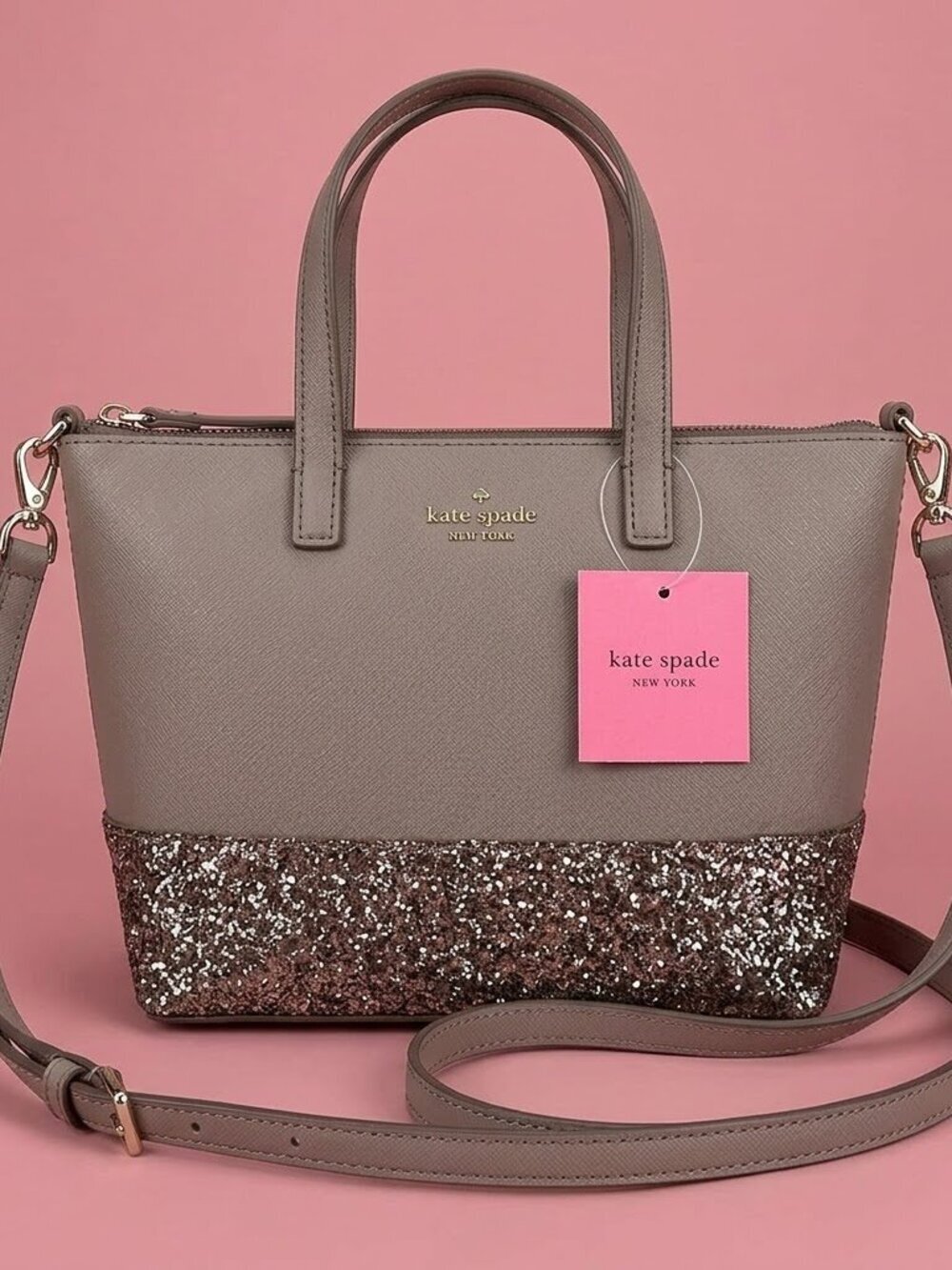 NWT Kate Spade Silver Glitter Gray Tote Handbag with Crossbody Strap